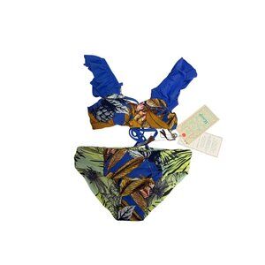 Maaji Girls Blue Green Tropical Print Reversible Bikini Set Ruffled Straps New